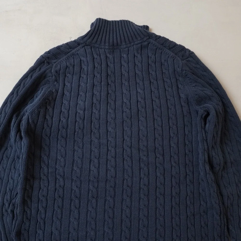 LL Bean Mens XL Navy Blue Cable Knit Cotton V-Neck Shawl Collar Sweater